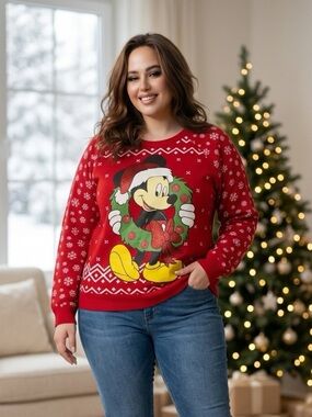 Disney Red Mickey Mouse Holiday Wreath Crewneck Sweater - with lights